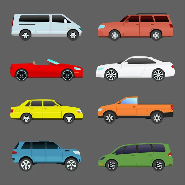 Auto vozidla dopravní typ design cestovní závodní model znamení technologie styl a obecný automobilů moderní dítě hraček ploché vektorové ilustrace izolované ikona. — Stockový vektor