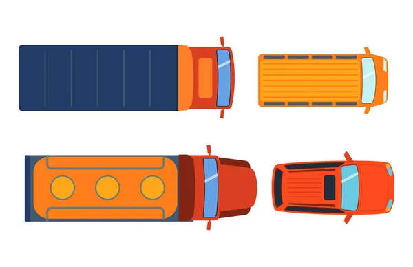 Pohled nad hlavou shora na barevné auto hračky různých pickup automobilové dopravy a kolekce kolo dopravní design vektorové ilustrace. — Stockový vektor