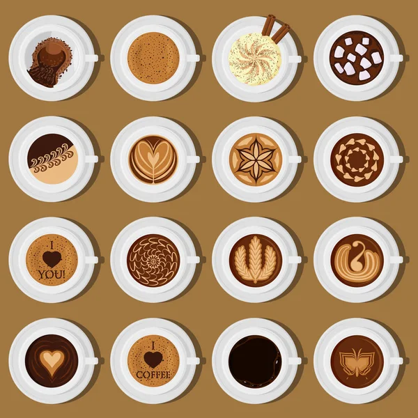 Kávové šálky pohled shora kolekce vektorové ilustrace různých sortimentu — Stockový vektor