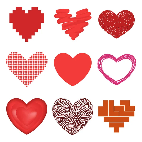 Diferentes estilo rojo corazón vector icono amor aislado día de San Valentín símbolo y diseño romántico boda hermosa celebrar emoción brillante signo de la pasión ilustración . — Archivo Imágenes Vectoriales