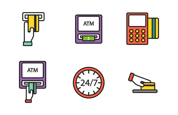 ATM terminalu pos z ręki płatności karty kredytowej ikony transferu usługi mobilnej i znak gotówki waluty automatycznych terminali pieniądze bankowość Dolar urządzenie wektor ilustracja. — Wektor stockowy