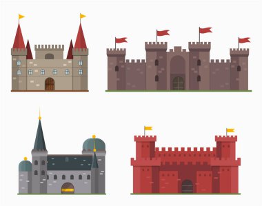 Peri masalı kale kule simgesi şirin mimarisi fantezi ev fairytale Ortaçağ ve Prenses kale tasarım izole masal vektör çizim karikatür.