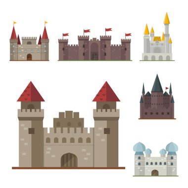 Peri masalı kale kule simgesi şirin mimarisi fantezi ev fairytale Ortaçağ ve Prenses kale tasarım izole masal vektör çizim karikatür.