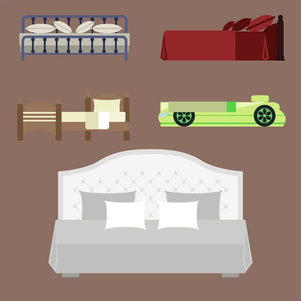 Dormitorio exclusivo de diseño de muebles para dormir con vista aérea cama y habitación interior cómoda relajación en el hogar apartamento decoración vector ilustración . — Vector de stock