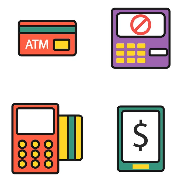 ATM pos-terminal met hand creditcard pictogrammen betaling transfer mobiele service en automatische terminal geld cash valutateken banking dollar machine vectorillustratie. — Stockvector