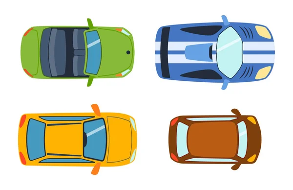 Верхний вид сверху на красочные игрушки автомобиля различных пикап автомобильного транспорта и коллекции колеса транспортного дизайна векторной иллюстрации . — стоковый вектор