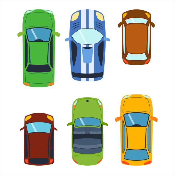 Visão superior aérea em brinquedos de carro coloridos diferentes captador automóvel transporte e coleção roda transporte design vetor ilustração . — Vetor de Stock