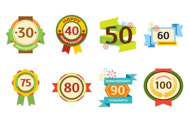 Doğum günü rozet afiş tasarım düz set kutlama amblemi yıldönümü kartı Tarih ve kağıt etiket davetiyesi tipografi vektör çizim sembolü için sayı gün.