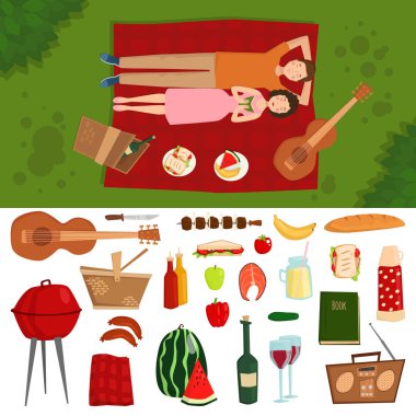 Piknik ekose Barbekü açık simgeler ve yaz yemek karakter vektör çizim pişirme romantik Tarih insanlar yalan aşık çift Üstten Görünüm.