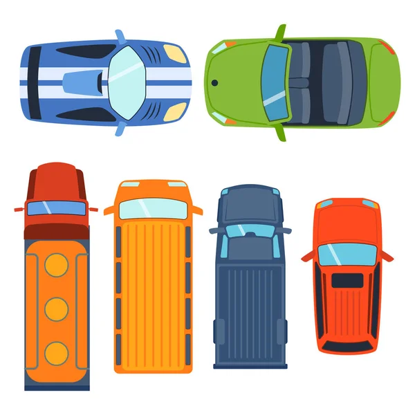 Vista superior de arriba en juguetes de coches de colores diferentes camioneta transporte de automóviles y la colección rueda de transporte diseño vector ilustración . — Vector de stock