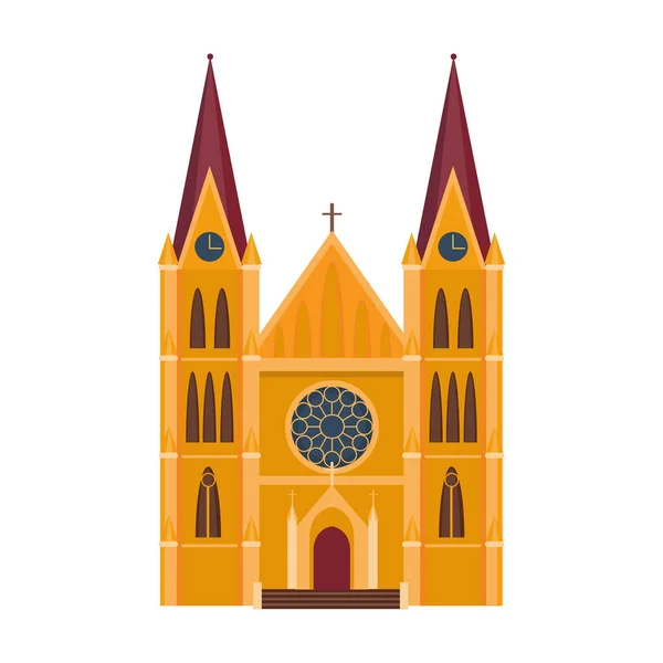 Kathedraal katholieke churche tempel bouwen landmark toerisme wereldgodsdiensten en beroemde structuur traditionele stad oude oude toren vectorillustratie. — Stockvector