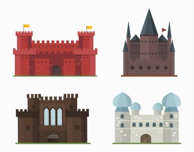 Peri masalı kale kule simgesi şirin mimarisi fantezi ev fairytale Ortaçağ ve Prenses kale tasarım izole masal vektör çizim karikatür.