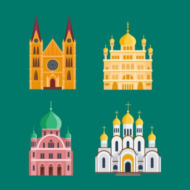 Katedral churche Tapınağı Simgesel Yapı turizm Dünya Dinleri ve ünlü yapısı geleneksel şehir antik eski kule vektör çizim oluşturma.