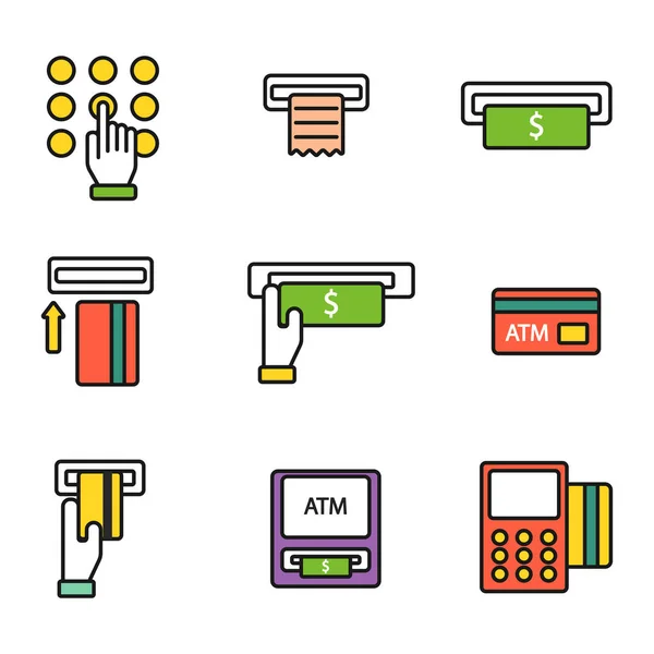 ATM pos-terminal met hand creditcard pictogrammen betaling transfer mobiele service en automatische terminal geld cash valutateken banking dollar machine vectorillustratie. — Stockvector