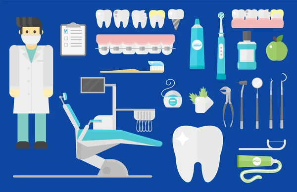 Platt vård tandläkare symboler forskning medicinska verktyg sjukvården koncept och medicin instrument hygien stomatologi engineering vektorillustration. — Stock vektor
