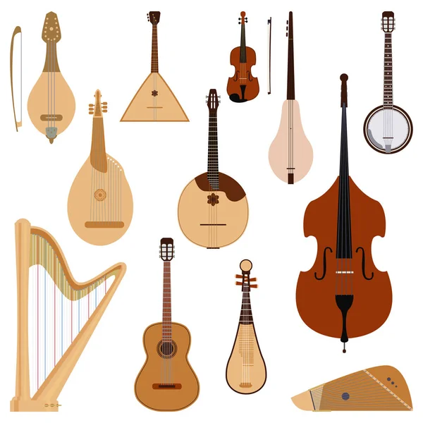 Set di strumenti musicali sognati a corda orchestra classica strumento sonoro arte e sinfonia acustica violino a corda attrezzature in legno vettoriale illustrazione — Vettoriale Stock
