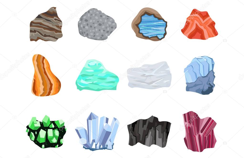 Collectionof semi precious gemstones vector stones and mineral colorful shiny jewelry material agate geology crystal isolated on white background.
