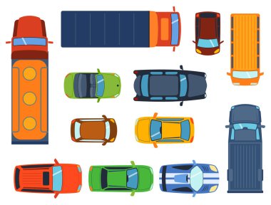 Renkli araba oyuncak farklı pikap otomobil taşıma ve koleksiyon tekerlek ulaşım tasarım vektör çizim üzerinde ek yükü Üstten Görünüm.