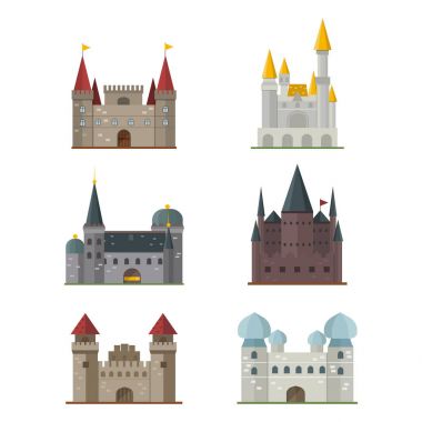 Peri masalı kale kule simgesi şirin mimarisi fantezi ev fairytale Ortaçağ ve Prenses kale tasarım izole masal vektör çizim karikatür.