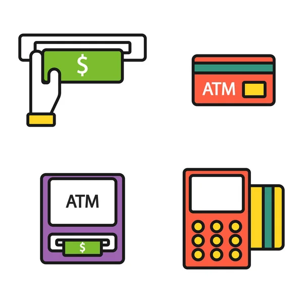ATM terminalu pos z ręki płatności karty kredytowej ikony transferu usługi mobilnej i znak gotówki waluty automatycznych terminali pieniądze bankowość Dolar urządzenie wektor ilustracja. — Wektor stockowy