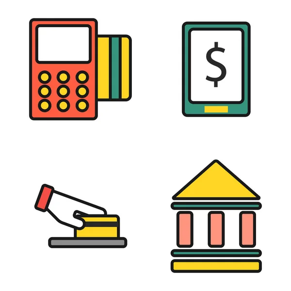 GAB pos-terminal avec des icônes de carte de crédit main service mobile de transfert de paiement et terminal automatique monnaie monnaie cash sign bancaire dollar machine vectoriel illustration . — Image vectorielle