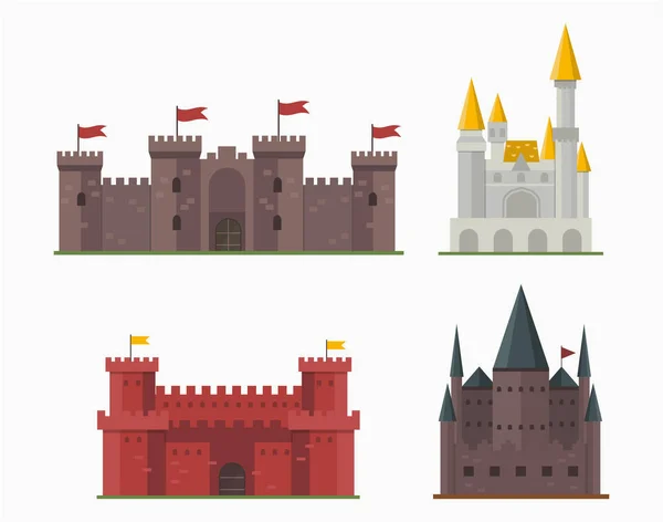 Cartoon sprookje kasteel toren pictogram schattig het platform fantasie huis fairytale middeleeuwse en prinses bolwerk ontwerp Fabel geïsoleerd vectorillustratie. — Stockvector