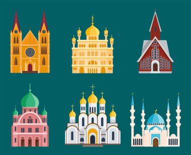 Katedral churche Tapınağı Simgesel Yapı turizm Dünya Dinleri ve ünlü yapısı geleneksel şehir antik eski kule vektör çizim oluşturma.