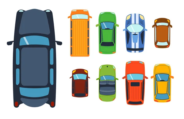 Vista superior de arriba en juguetes de coches de colores diferentes camioneta transporte de automóviles y la colección rueda de transporte diseño vector ilustración . — Vector de stock