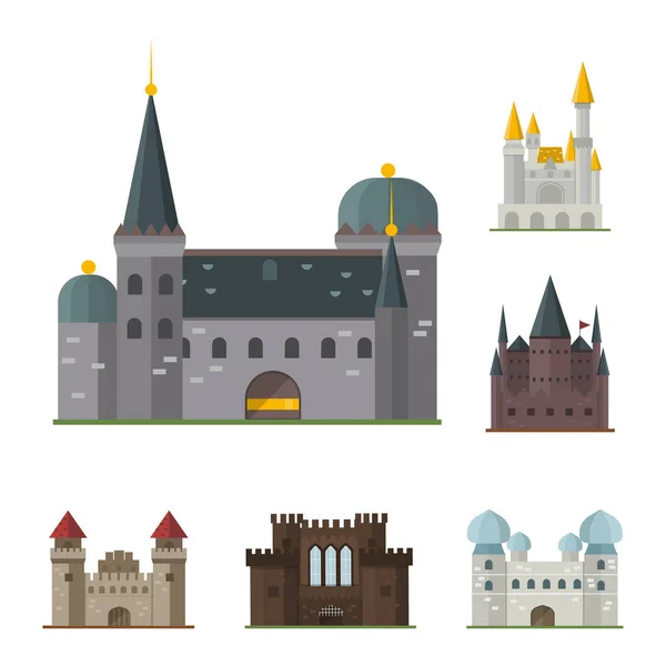 Peri masalı kale kule simgesi şirin mimarisi fantezi ev fairytale Ortaçağ ve Prenses kale tasarım izole masal vektör çizim karikatür. — Stok Vektör