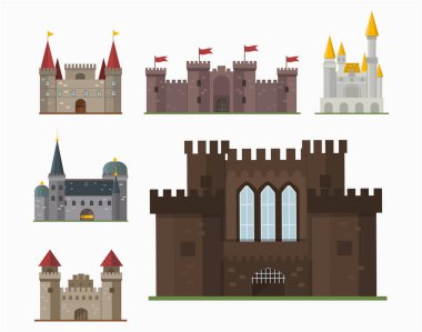 Peri masalı kale kule simgesi şirin mimarisi fantezi ev fairytale Ortaçağ ve Prenses kale tasarım izole masal vektör çizim karikatür.