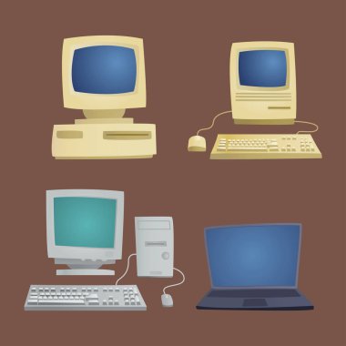 Retro bilgisayar madde klasik antika teknoloji tarzı iş kişisel ekipman ve vintage pc masaüstü donanım iletişim nesne vektör çizim.