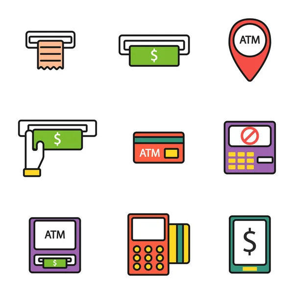 ATM τερματικό pos με κινητή υπηρεσία πληρωμών εικονίδια πιστωτική κάρτα χέρι μεταφορά και αυτόματο τερματικό χρήματα νόμισμα σημάδι μετρητά τραπεζικής εικονογράφηση διάνυσμα μηχάνημα Δολάριο. — Διανυσματικό Αρχείο