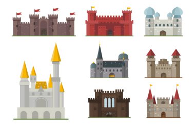 Peri masalı kale kule simgesi şirin mimarisi fantezi ev fairytale Ortaçağ ve Prenses kale tasarım izole masal vektör çizim karikatür.