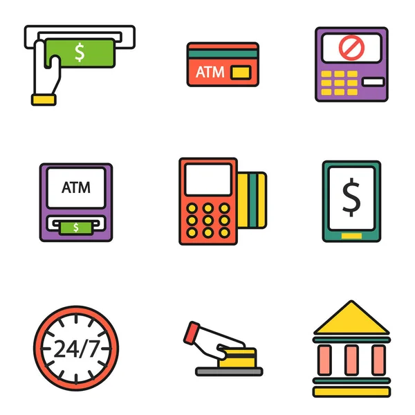 ATM, pos-terminál kézzel hitelkártya ikonok fizetési mobil transzfer és automatikus terminál pénzt valuta készpénzben jele banki dollár gép vektoros illusztráció. — Stock Vector