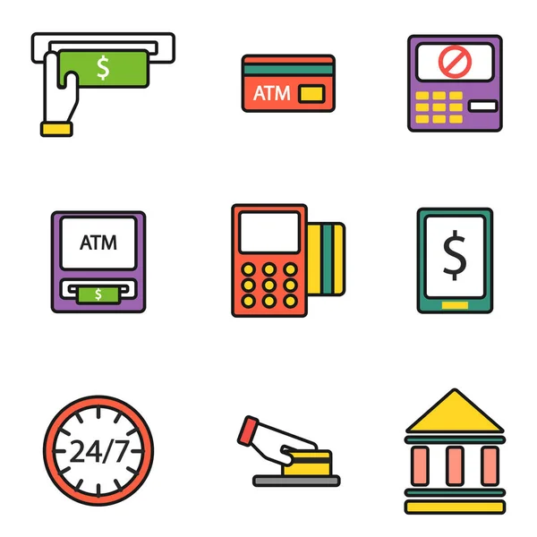 ATM pos-terminal met hand creditcard pictogrammen betaling transfer mobiele service en automatische terminal geld cash valutateken banking dollar machine vectorillustratie. — Stockvector