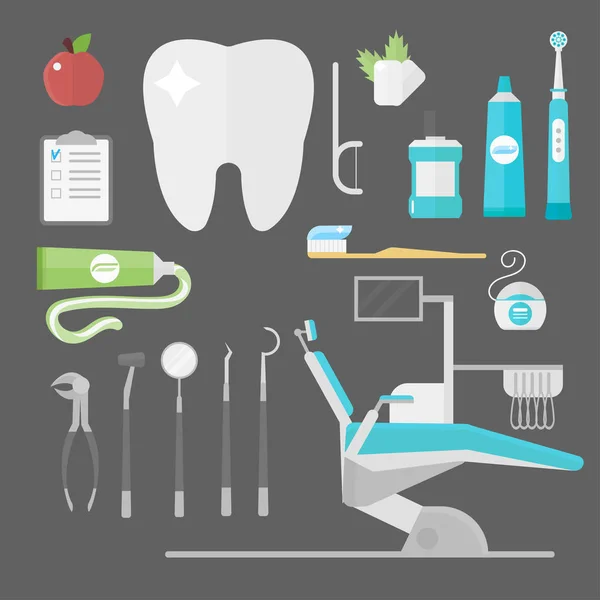 Düz sağlık diş hekimi sembolleri tıbbi araçlar sağlık sisteminin kavramı ve tıp enstrüman hijyen stomatology mühendislik vektör çizim araştırma. — Stok Vektör