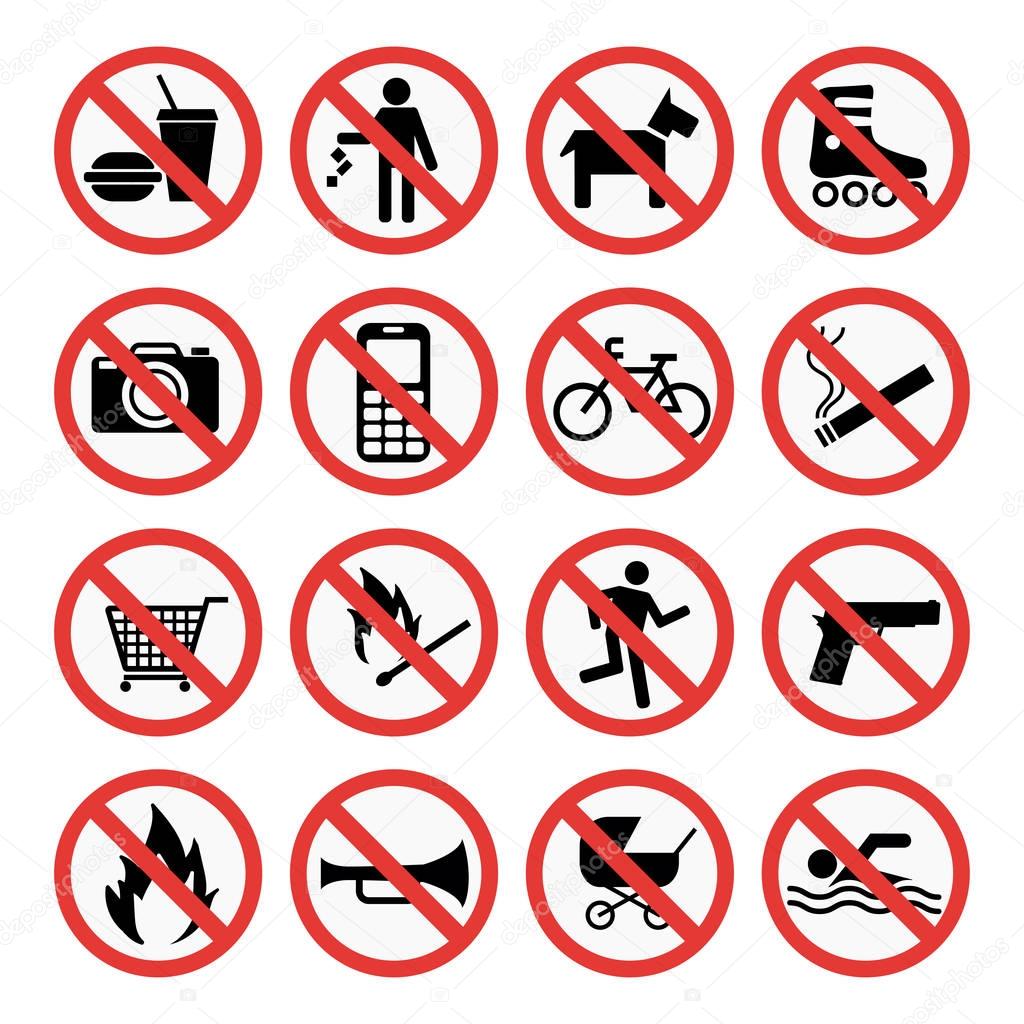 Prohibition signs set safety information vector illustration.