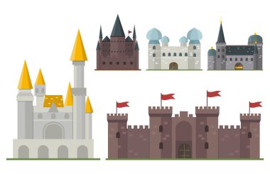 Peri masalı kale kule simgesi şirin mimarisi fantezi ev fairytale Ortaçağ ve Prenses kale tasarım izole masal vektör çizim karikatür.