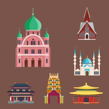 Cathedral churche temple building landmark tourism world religions and famous structure traditional city ancient old tower vector illustration. clipart