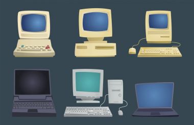 Retro bilgisayar madde klasik antika teknoloji tarzı iş kişisel ekipman ve vintage pc masaüstü donanım iletişim nesne vektör çizim.