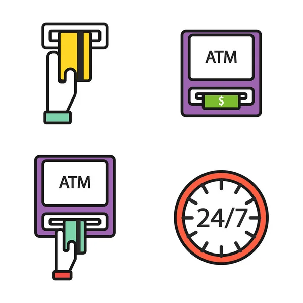 GAB pos-terminal avec des icônes de carte de crédit main service mobile de transfert de paiement et terminal automatique monnaie monnaie cash sign bancaire dollar machine vectoriel illustration . — Image vectorielle