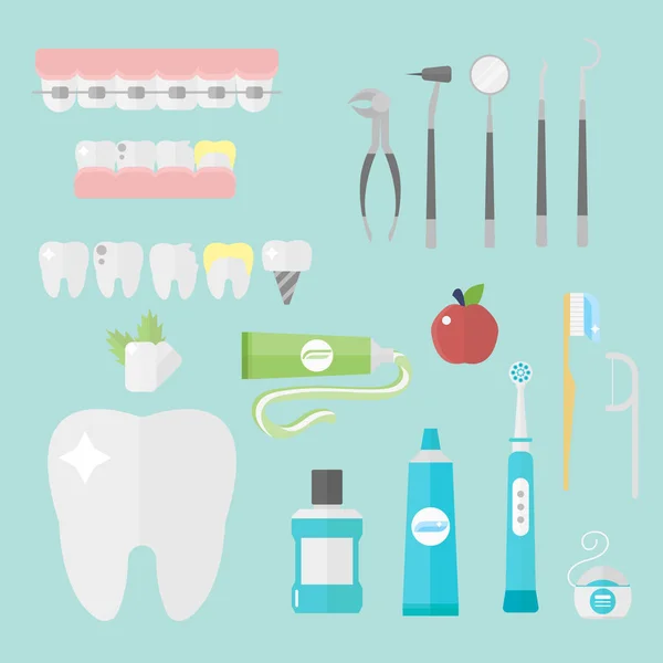 Salud plana símbolos dentista investigación herramientas médicas sistema sanitario concepto y medicina instrumento higiene estomatología ingeniería vector ilustración . — Vector de stock