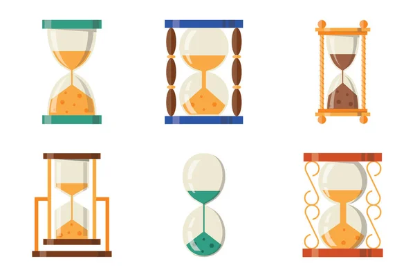 Sandglass icône temps plat histoire de la conception deuxième vieil objet et sablier horloge sablier minuterie heure minute montre compte à rebours flux mesure vectoriel illustration . — Image vectorielle