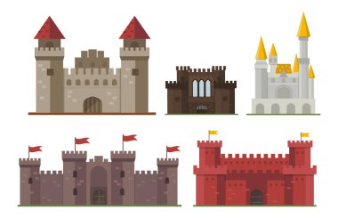 Peri masalı kale kule simgesi şirin mimarisi fantezi ev fairytale Ortaçağ ve Prenses kale tasarım izole masal vektör çizim karikatür.