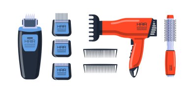 Salon profesyonel set araçları ekipmanları ve metal berber bakım Kuaför stilist elektrik Aksesuar vektör çizim damat büküm ile berber.