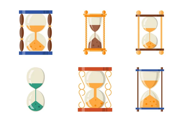 Sandglas Symbol Zeit flaches Design Geschichte zweite alte Objekt und Sanduhr Sanduhr Timer Stunde Minutenuhr Countdown Durchflussmessung Vektor Illustration. — Stockvektor