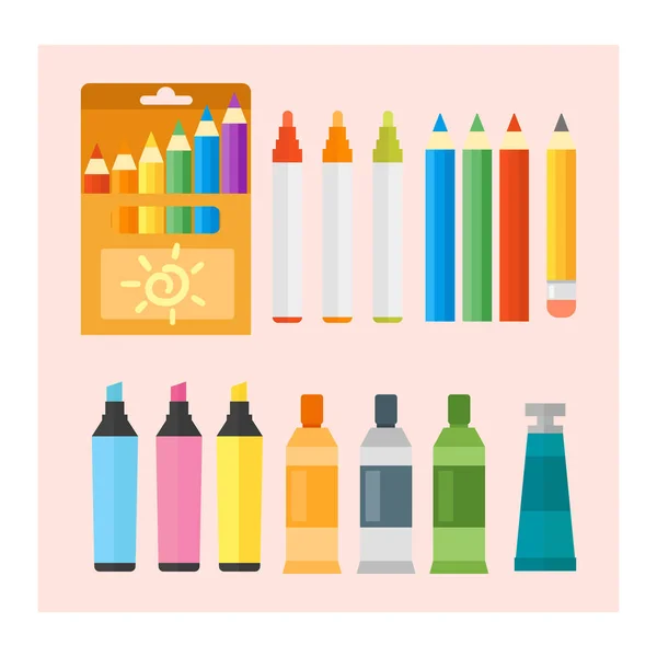 Kolorowe farby inżynierii i ołówki wektor ilustracja proste Wyposażenie szkoły dostaw temat narzędzia biurowe pastelowych kolorów w pionie edukacji znak. — Wektor stockowy