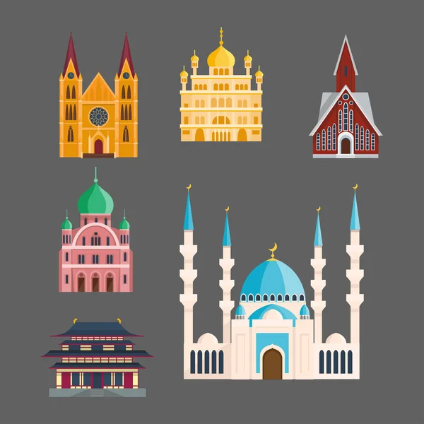 Kathedraal churche tempel bouwen landmark toerisme wereldgodsdiensten en beroemde structuur traditionele stad oude oude toren vectorillustratie. — Stockvector