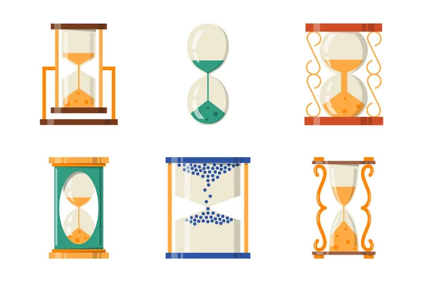 Sandglas Symbol Zeit flaches Design Geschichte zweite alte Objekt und Sanduhr Sanduhr Timer Stunde Minutenuhr Countdown Durchflussmessung Vektor Illustration. — Stockvektor