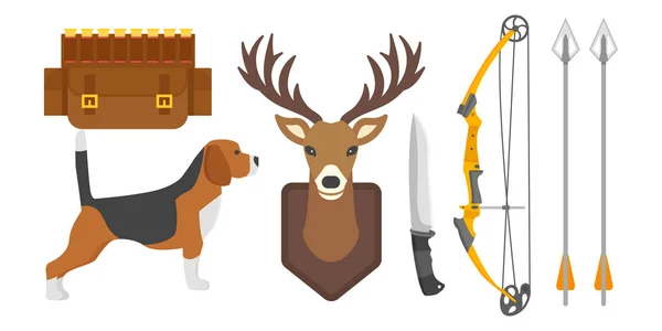 Sada ročník lov symboly kemp objekty design prvky plochý lovec zbraně a lesní divoká zvířata a jiné oblečení, samostatný vektorové ilustrace. — Stockový vektor
